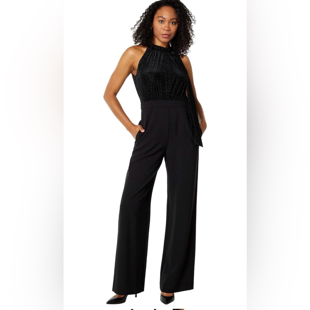 Vince Camuto Burnout Velvet Halter‎ Bow Stretch Crepe Jumpsuit Black Size 16